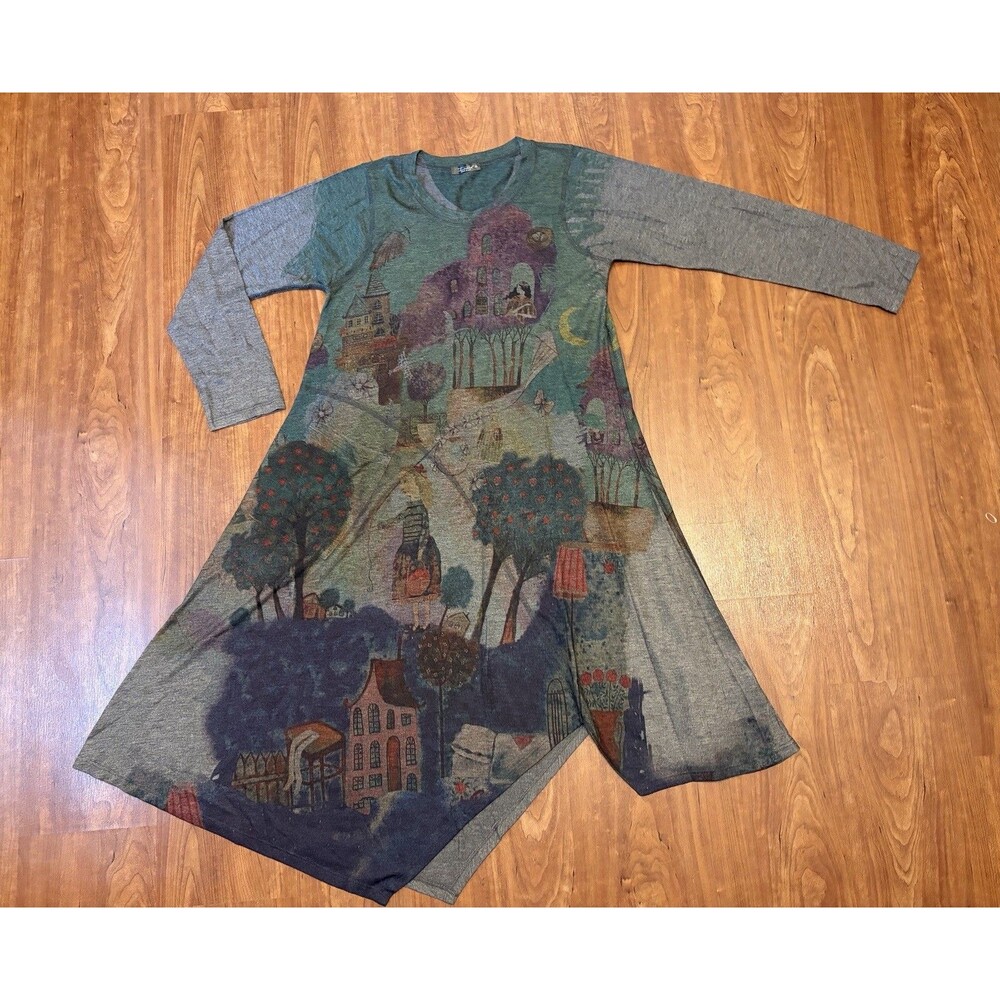 Inoah Womens Medium Midi Dress Long Sleeve Asymmetrical Town Abstract Whimsical